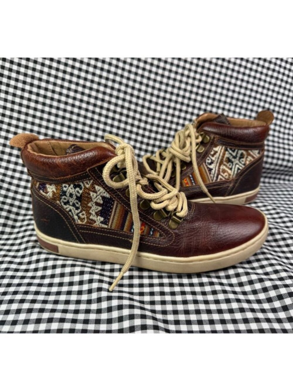Inkkas Brown Leather Hiking Boots Tribal Textile Sneakers Women’s US 7 EU 38